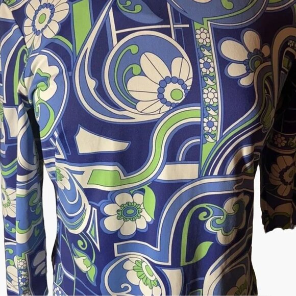 J. McLaughlin Blue Floral Dress Size Medium Stretchy Catalina Cloth Rear Zipper - Picture 4 of 9